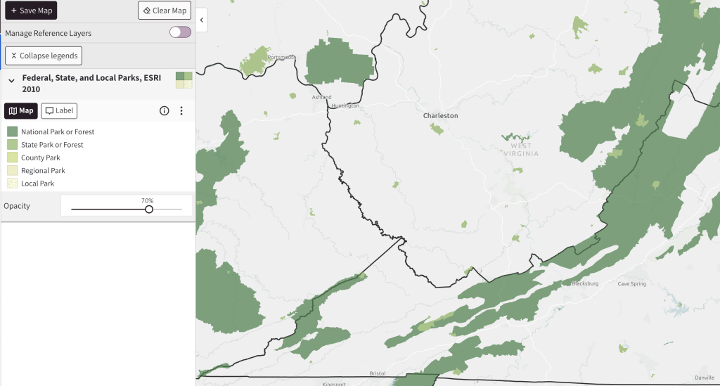 Map highlighting federal, state, and local parks in West Virginia and surrounding states